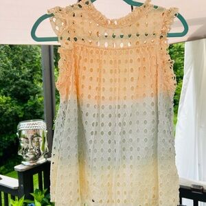 “Ollari’ by Anthropologie Peach and Blue Eyelet Top